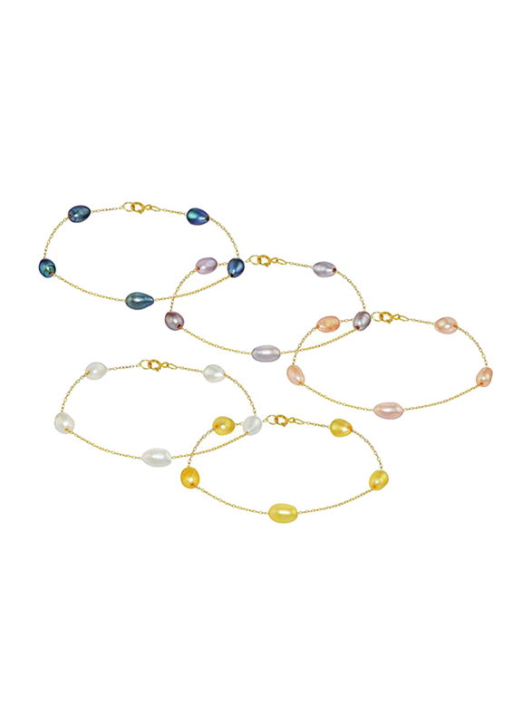 Vera Perla 5-Pieces 18K Gold Chain Bracelet Set for Women, with Genuine Pearls Stone, Purple/Blue/Pink/White/Yellow