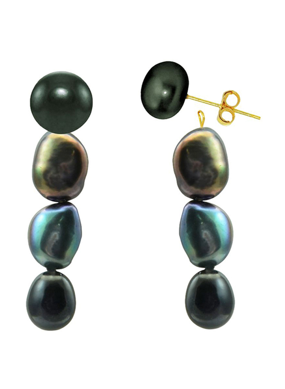 Vera Perla 18K Yellow Gold Stud, with Dangle Earrings for Women, with Pearl Stone, Black