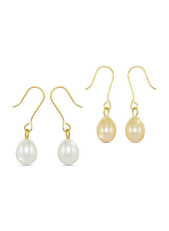 Vera Perla 2-Pieces 18K Gold Drop Earrings Set for Women, with Pearl Stone, Peach/White
