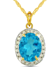 Vera Perla 18K Gold Necklace for Women, with 0.12ct Diamonds and Swiss Blue Topaz Stone Pendant, Gold/Blue