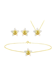 Vera Perla 4-Pieces 18k Solid Yellow Gold Jewellery Set for Women, with Mother of Pearl Flower Shape and 4mm Pearl, White/Yellow