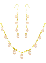 Vera Perla 2-Pieces 18K Gold Jewellery Set for Women, with Necklace and Earrings, with Pearl Stone, Gold/Pink