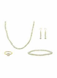 Vera Perla 4-Pieces 10K Gold Jewellery Set for Women, with 36cm Necklace, Bracelet, Ring and Earrings, with Pearl Stones, White