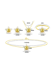 Vera Perla 5-Pieces 18k Solid Yellow Gold Jewellery Set for Women, with Mother of Pearl Flower Shape and 4mm Pearl, White/Yellow