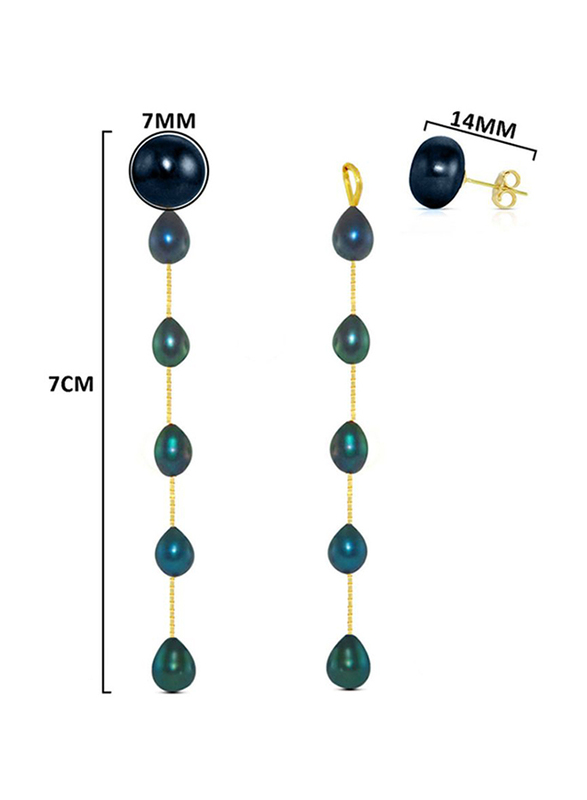 Vera Perla 18K Gold Drop Earrings for Women, with 7mm Pearl Stone, Blue/Gold