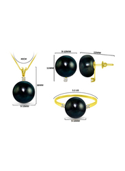 Vera Perla 3-Pieces 18K Gold Pendant Necklace, Earrings and Ring Set for Women, with 0.08ct Diamonds and 9-10 mm Pearls Stone, Black