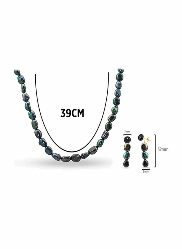 Vera Perla 2-Pieces 10K Gold Jewellery Set for Women, with Necklace and Earrings, with Pearl Stones, Jade