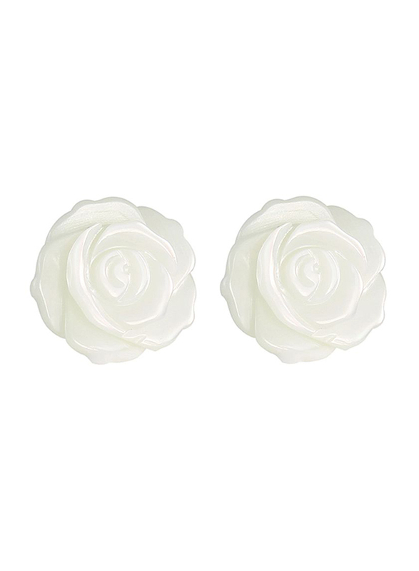Vera Perla 18K Yellow Gold Rose Carved Stud Earrings for Women, with Mother of Pearl Stone, White