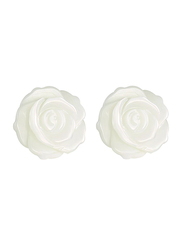 Vera Perla 18K Yellow Gold Rose Carved Stud Earrings for Women, with Mother of Pearl Stone, White