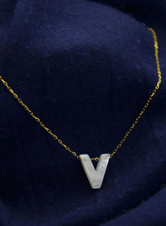 Vera Perla 18K Gold V Letter Charm Bracelet for Women, with Mother of Pearl Stone, Gold/White