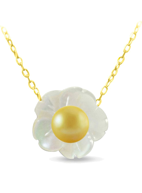 Vera Perla 18K Solid Yellow Gold Pendant Necklace for Women, with Mother of Pearl Shell and 4mm Pearl Stones, White/Yellow