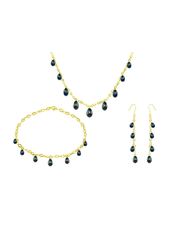 Vera Perla 3-Pieces 18K Gold Chain Drop Jewellery Set for Women, with Necklace, Bracelet and Earrings, with Pearl Stone, Black/Gold