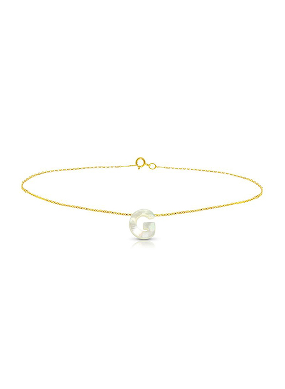 Vera Perla 18K Gold Charm Bracelet for Women, with G Letter Mother of Pearl Stone, Gold/White