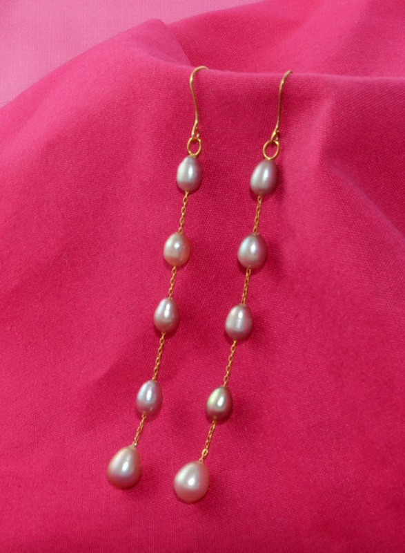Vera Perla 18K Gold Opera Drop Earrings for Women, with White Pearl Stones, Purple