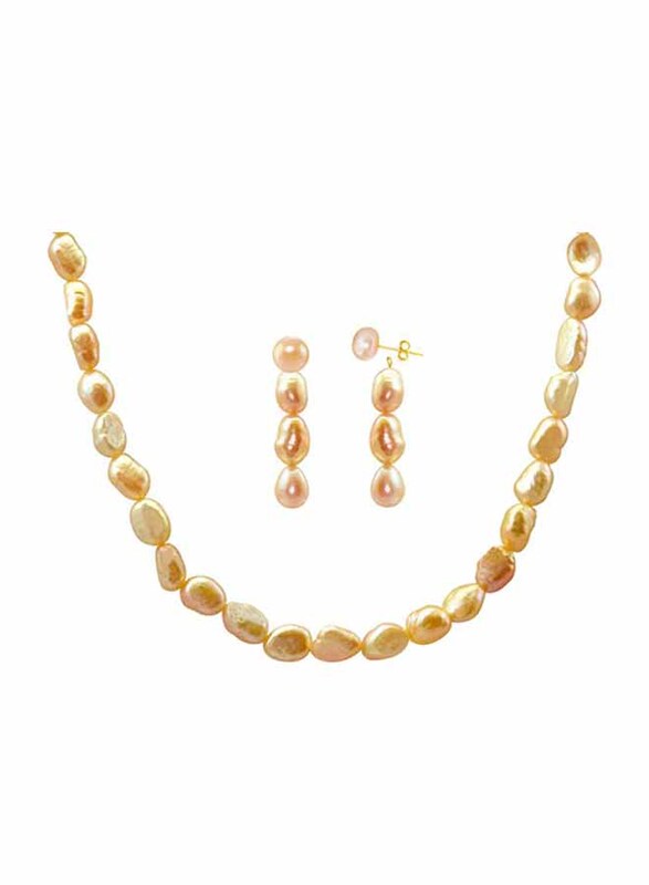 Vera Perla 2-Pieces 18K Gold Jewellery Set for Women, with Necklace and Earrings, with Pearl Stones, Yellow
