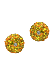 Vera Perla 10K Solid Gold Stud Earrings for Women, with 10 mm Crystal Ball, Gold/Green/Orange
