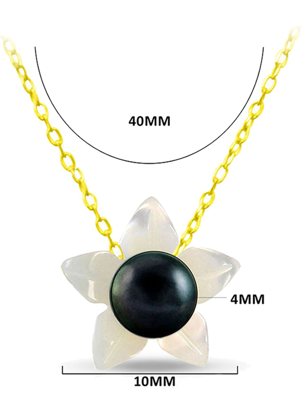 Vera Perla 18k Solid Yellow Gold Chain Necklace for Women, with Mother of Pearl Flower Shape and 4mm Pearl Pendant, White/Black