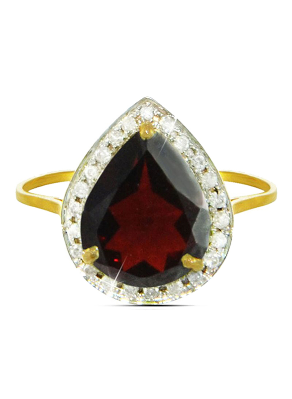 Vera Perla 18k Gold Fashion Ring for Women, with 0.12 ct Genuine Diamonds and Drop Cut Garnet Stone, Red/Gold/Clear, US 6.5