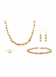 Vera Perla 4-Pieces 10K Gold Jewellery Set for Women, with Necklace, Bracelet, Ring and Earrings, with Pearl Stones, Yellow