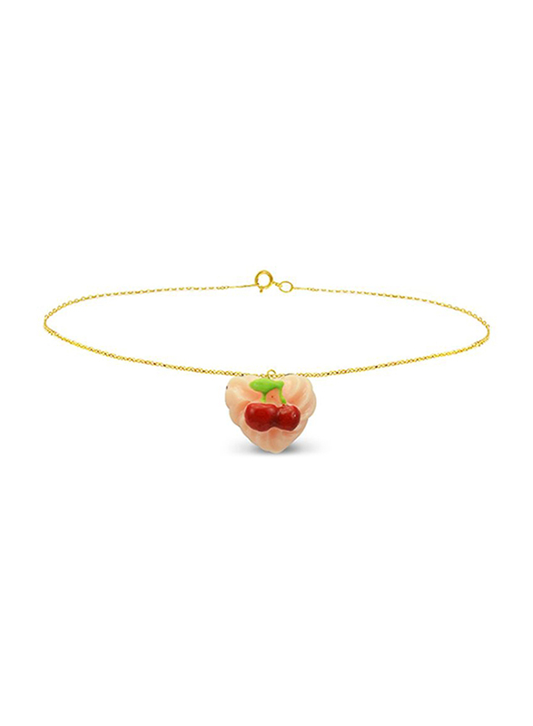 Vera Perla 18K Solid Yellow Gold Chain Bracelet for Women, with Heart Shape Cupcake Cherry, Gold/Pink