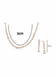Vera Perla 2-Pieces 18K Gold Jewellery Set for Women, with Necklace and Earrings, with Pearl Stones, Light Pink