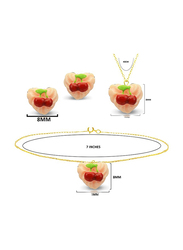 Vera Perla 3-Pieces 18K Solid Yellow Gold Pendant Necklace for Women, with Earrings, and Chain Bracelet, with Heart Shape Cupcake Cherry Charm, Pink/Gold