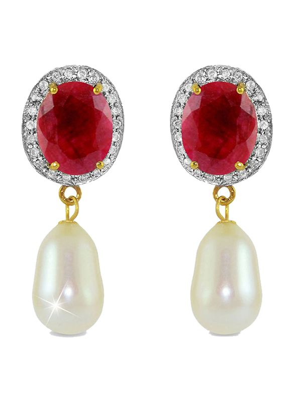 Vera Perla 18K Gold Drop Earrings for Women, with 0.24 ct Genuine Diamonds, Oval Ruby Stone & Pearl Stone, Red/White