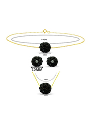 Vera Perla 3-Pieces 18K Solid Yellow Gold Simple Pendant Necklace, Bracelet and Earrings Set for Women, with 10mm Crystal Ball, Black/Gold