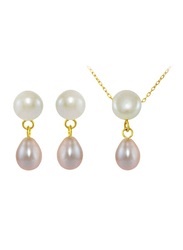 Vera Perla 3-Pieces 18k Yellow Gold Jewellery Set for Women, with Necklace, Bracelet and Earrings, with Button Pearl Drop and Pearl Drop, White/Purple