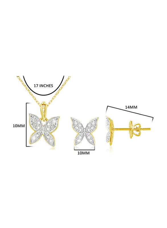 Vera Perla 2-Pieces 18K Yellow Gold Jewellery Set for Women, with Necklace and Earrings, with Butterfly and 0.18Cts Diamonds, Gold/White