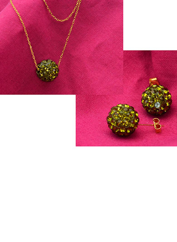 Vera Perla 2-Pieces 10K Solid Gold Jewellery Set for Women, with Necklace and Earrings, with 10 mm Crystal Ball, Light Green/Gold