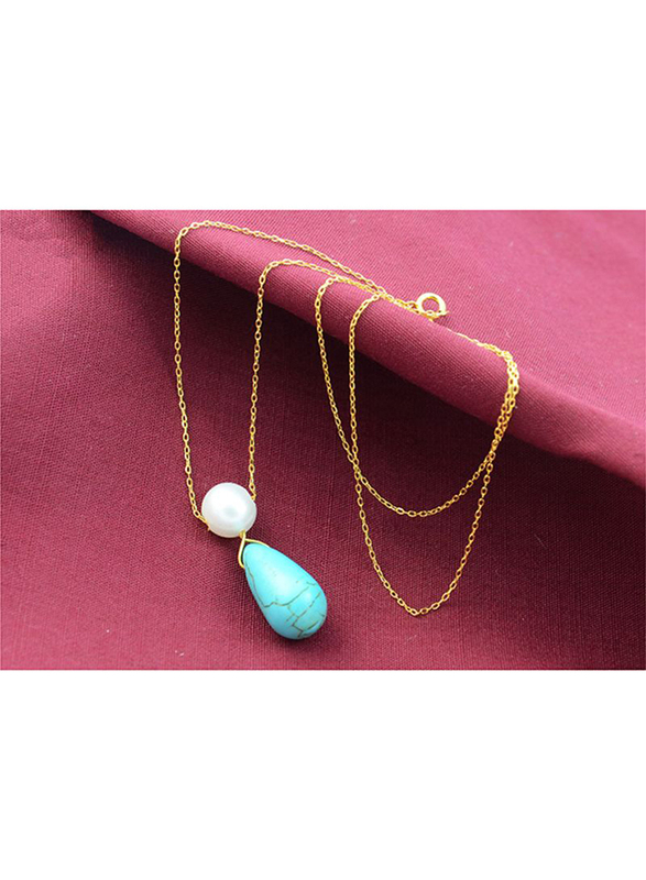 Vera Perla 18K Gold Pendant Necklace for Women, with Pearl and Turquoise Stone, Gold/Blue/White