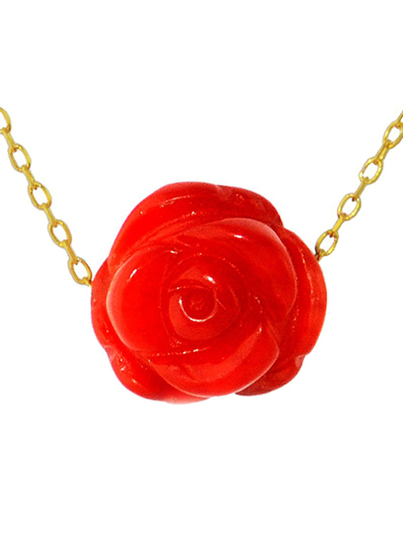 Vera Perla 18K Yellow Gold Necklace for Women, with 8-10mm Coral Stone Rose Carved Pendant, Gold/Red