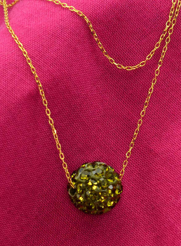 Vera Perla 18K Solid Yellow Gold Simple Necklace for Women, with 10mm Crystal Ball Pendant, Parrot Green/Gold