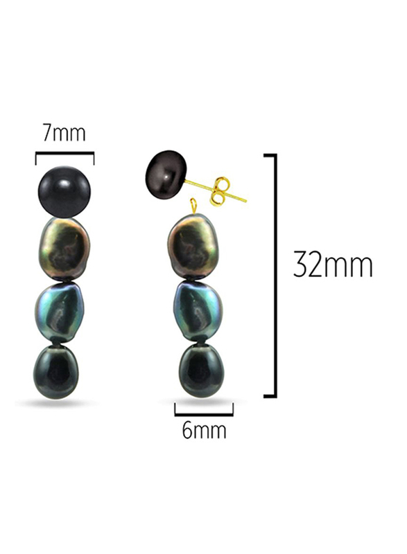 Vera Perla 18K Yellow Gold Stud, with Dangle Earrings for Women, with Pearl Stone, Black