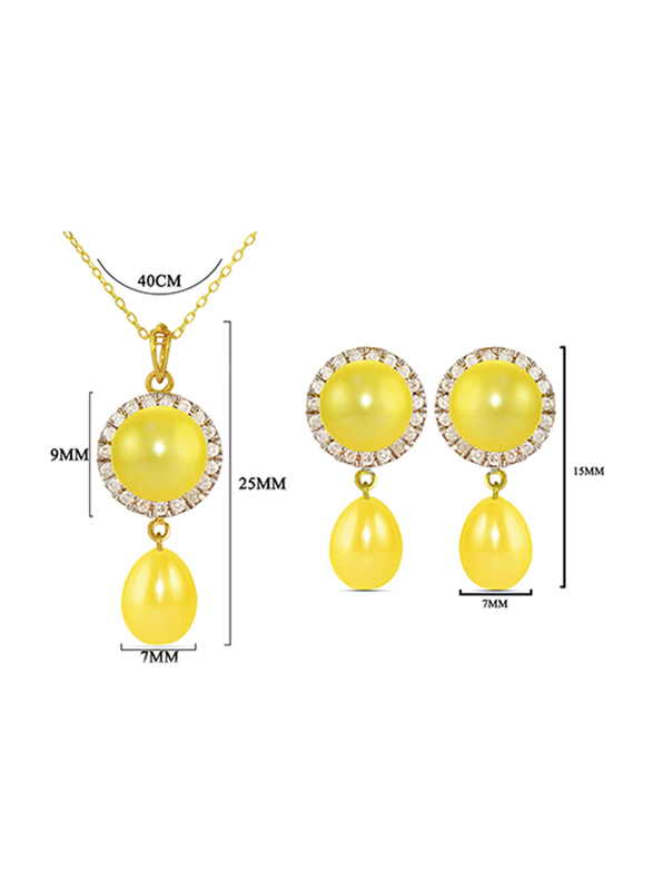 Vera Perla 2-Pieces 18K Gold Jewellery Set for Women, with Necklace and Earrings, with 0.30 ct Genuine Diamonds and Pearl, Yellow