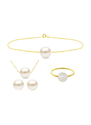 Vera Perla 4-Pieces 18K Solid Yellow Gold Jewellery Set for Women, with Earrings, Bracelet and Ring, with 8mm Pearl Stones, Gold/Off-White