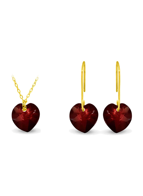 Vera Perla 2-Pieces 10K Solid Yellow Gold Jewellery Set for Women, with Necklace and Earrings, with 7mm Garnet Stone, Gold/Red