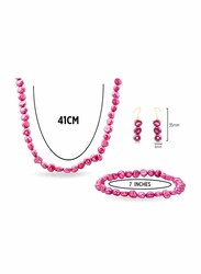 Vera Perla 3-Pieces 18K Gold Jewellery Set for Women, with Necklace, Bracelet and Earrings, with Pearl Stones, Pink