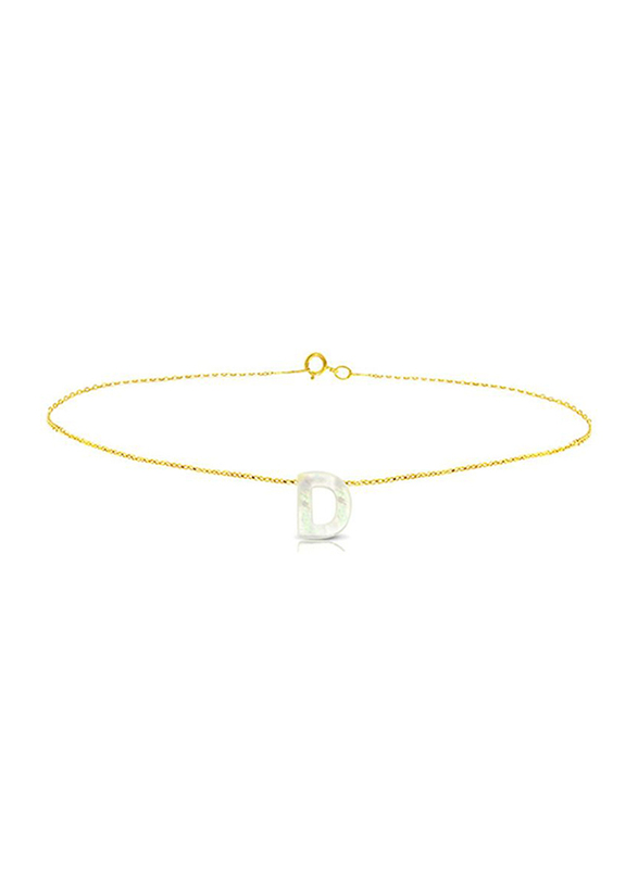 Vera Perla 18K Gold Charm Bracelet for Women, with D Letter Mother of Pearl Stone, Gold/White