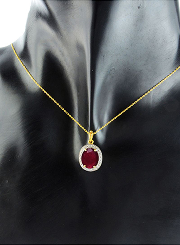Vera Perla 18K Gold Link Chain Necklace for Women, with 0.12ct Diamonds and Oval Cut Ruby Stone Pendant, Gold/Maroon