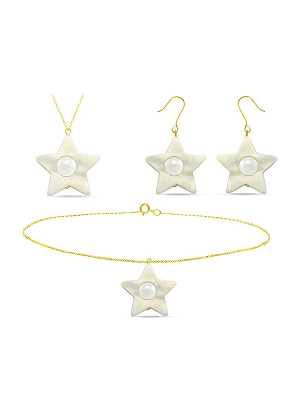 Vera Perla 3-Pieces 18K Solid Yellow Gold Jewellery Set for Women, with Necklace, Earrings and Bracelet, with 6-7mm Star Shape Mother of Pearl Stone, Gold/White