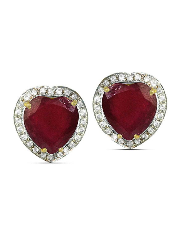 Vera Perla 18K Gold Stud Earrings for Women, with 0.28 ct Genuine Diamonds and Heart Cut Ruby Stone, Red