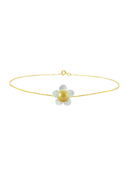 Vera Perla 18 Karat Solid Yellow Gold Chain Bracelet for Women, with 13mm Mother of Pearl Flower Shape and 7mm Pearl, Gold/Yellow