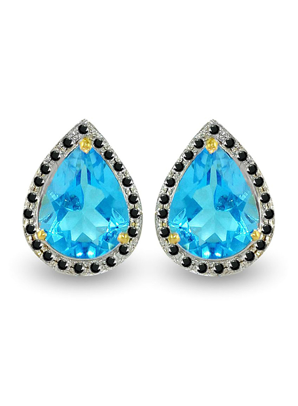 Vera Perla 18K Gold Button Earrings for Women, with 0.24 ct Genuine Diamond & Topaz Stone, Blue