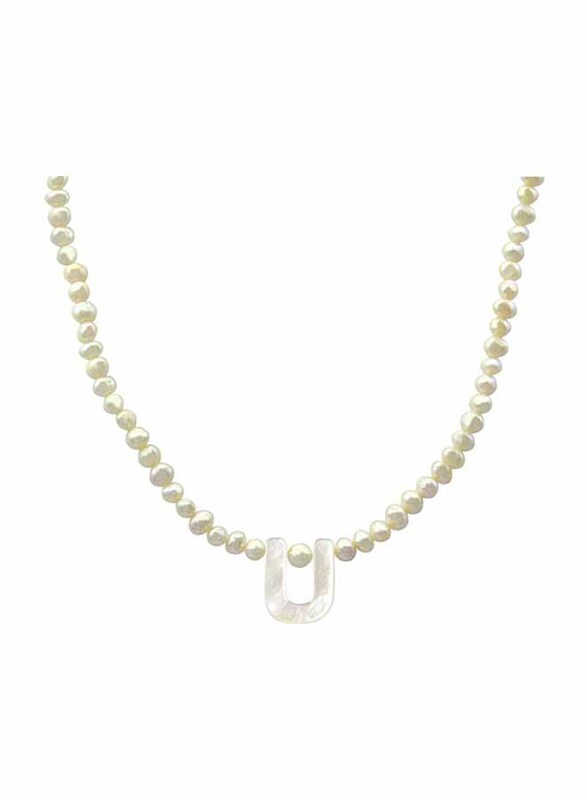 Vera Perla 10K Gold Strand Pendant Necklace for Women, with Letter U and Pearl Stones, White