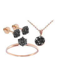 Vera Perla 3-Pieces 18K Rose Gold Solitaire Jewellery Set for Women, with Necklace, Earrings & Ring, with Diamond, Black/Rose Gold