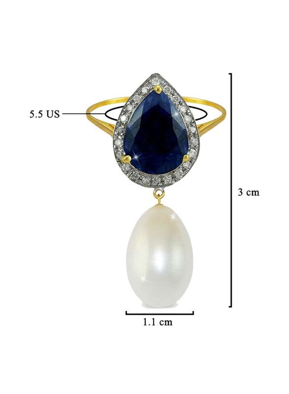 Vera Perla 18K Gold Dangle Ring for Women, with 0.12 ct Diamond, Royal Indian Sapphire and Pearl Stone, Blue/White/Gold, US 5.5