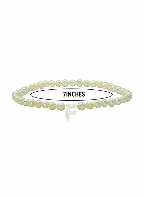 Vera Perla Elastic Stretch Bracelet for Women, with Letter F Mother of Pearl and Pearl Stone, White