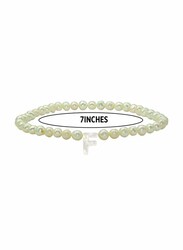 Vera Perla Elastic Stretch Bracelet for Women, with Letter F Mother of Pearl and Pearl Stone, White